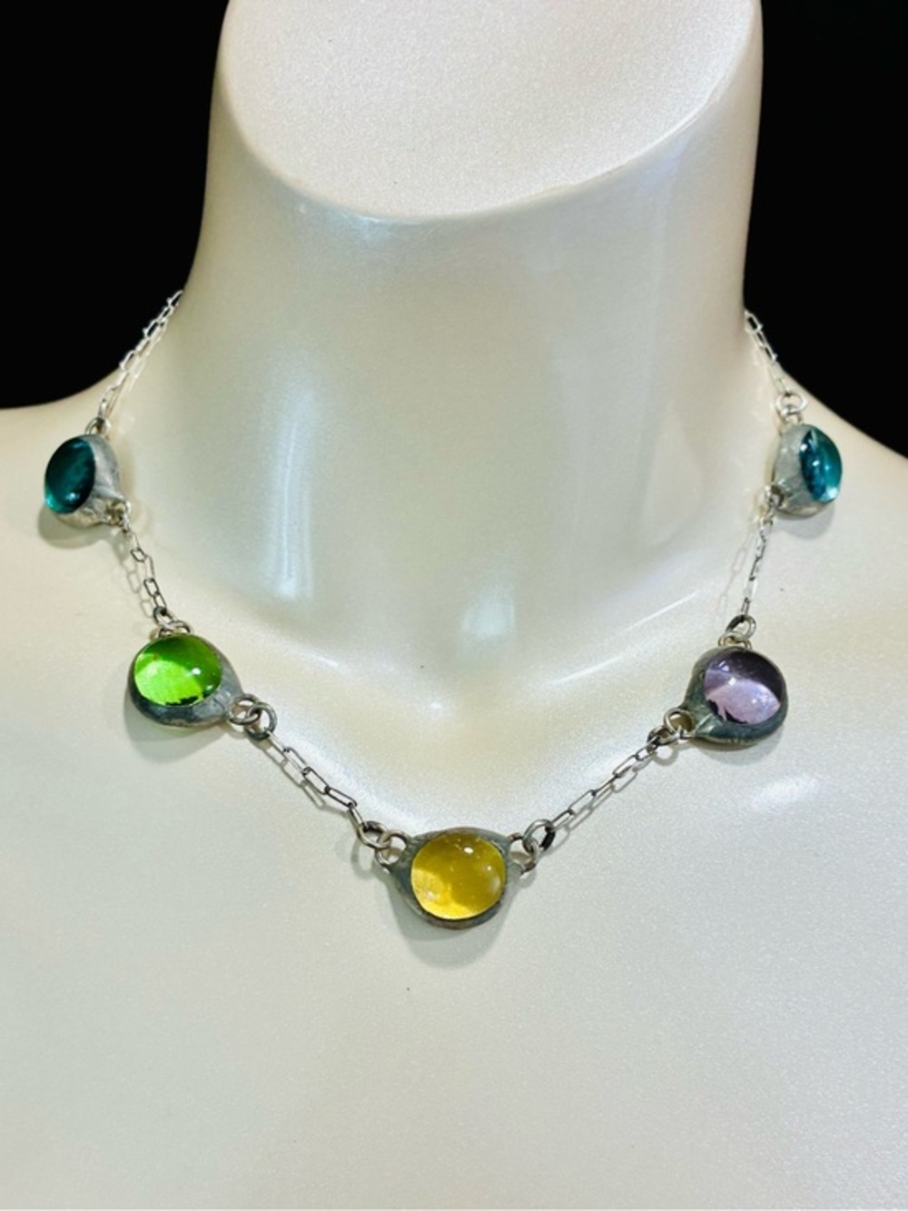 Multicolor Glass Disc Station Necklace – Colorful Glass on Sterling Silver Chain
